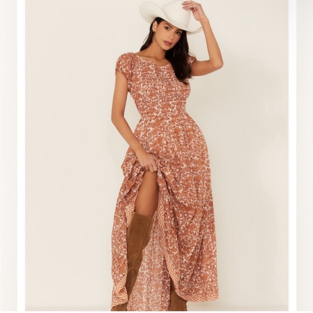 Free People FP Ultraviolet Maxi Dress Orange White Floral Size XS Puffed Sleeves